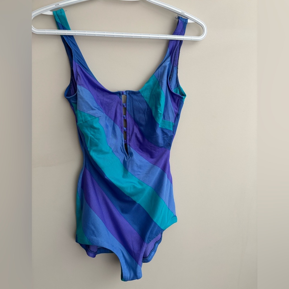 Vintage 80s Striped Blue & Teal One-Piece Swimsuit, low back